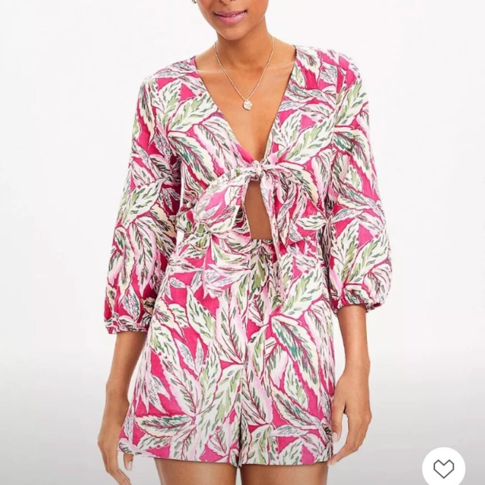 LOFT Beach Palm Tie-Front Linen Romper XS NWT Resort Cruise Vacation Summer